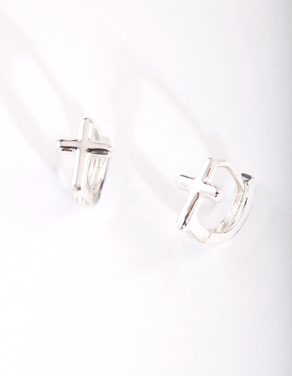 Silver Cross Huggie Earrings