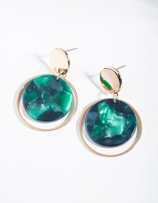 Gold Circle Blue Acrylic Disc Earrings