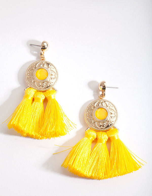 Yellow Tassel Gold Disc Earrings