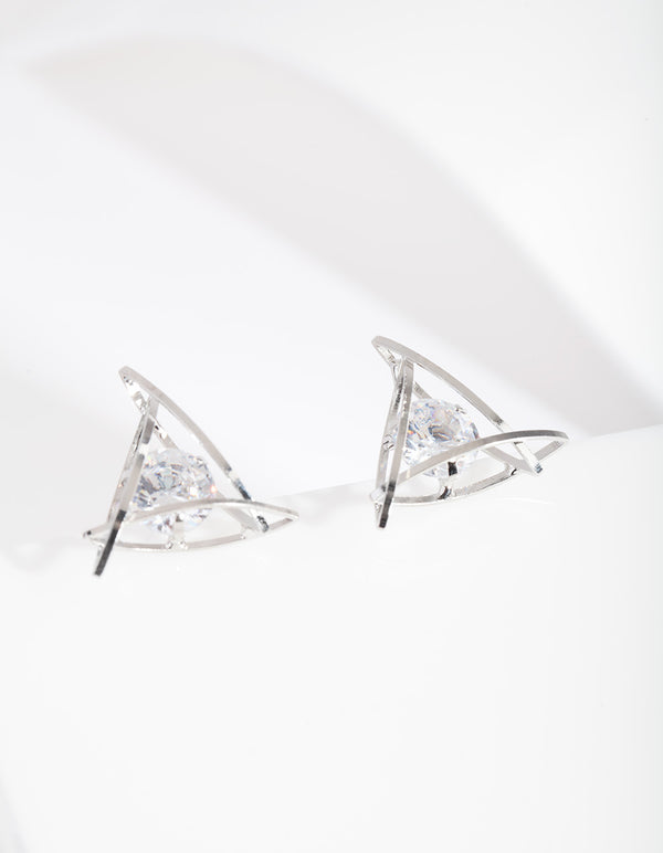 Rhodium Cubic Zirconia Trapped Triangle Earrings