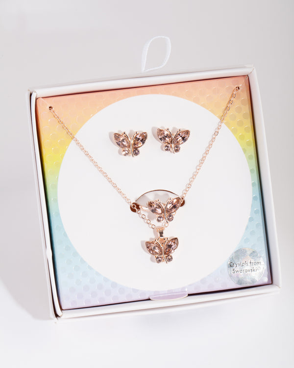 Kids Rose Gold Diamond Simulant Butterfly Jewellery Set