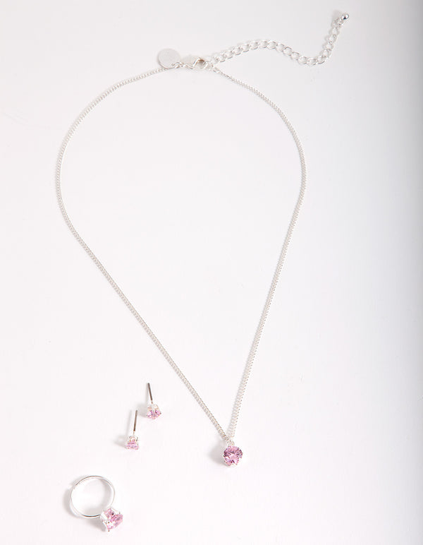 Kids Pink Cubic Zirconia Silver Jewellery Set