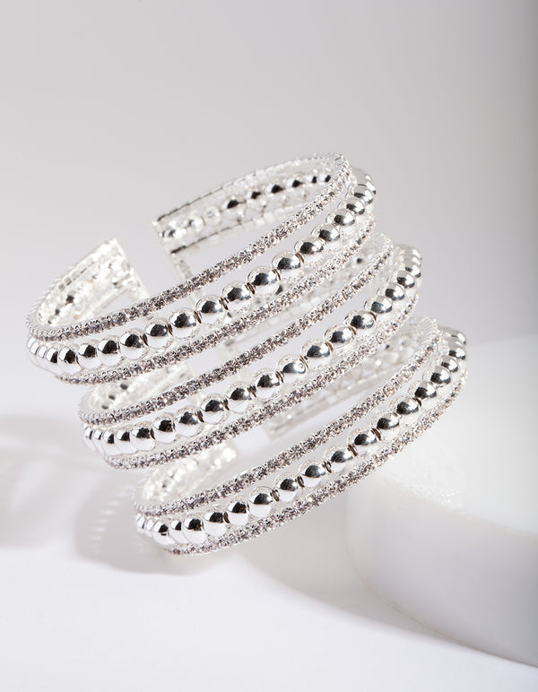 Silver Toned Multi Row Diamante Cuff