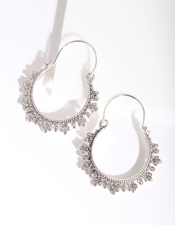 Antique Silver Flower Texture Hoop Earrings