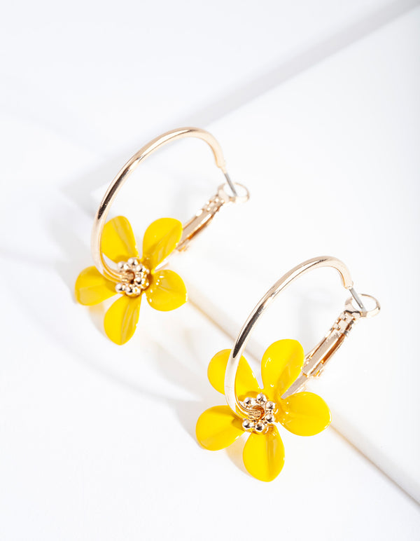 Gold Yellow Flower Hoop Earrings