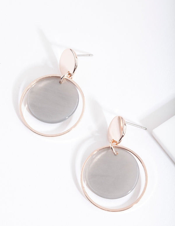 Rose Gold Grey Disc Circle Earrings