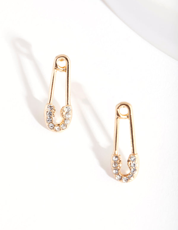 Gold Diamante Safety Pin Stud Earrings