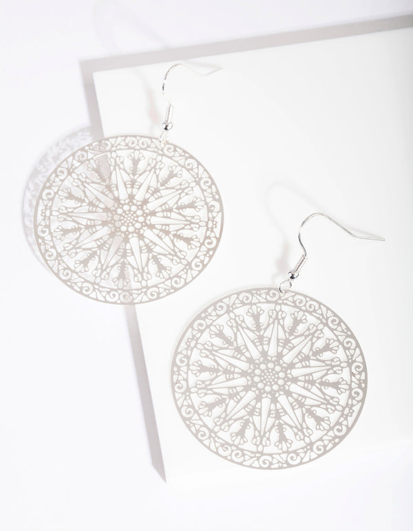 Silver Large Filigree Disc Drop Earrings