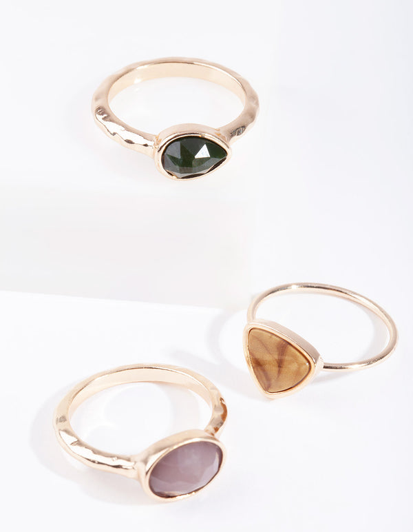 Gold Neutral Stone 3 Stack Ring Pack