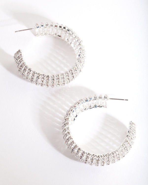 Silver Thick Diamante Hoop Earrings