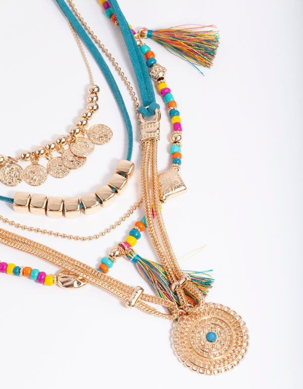 Gold Blue Bohemian Layered Necklace