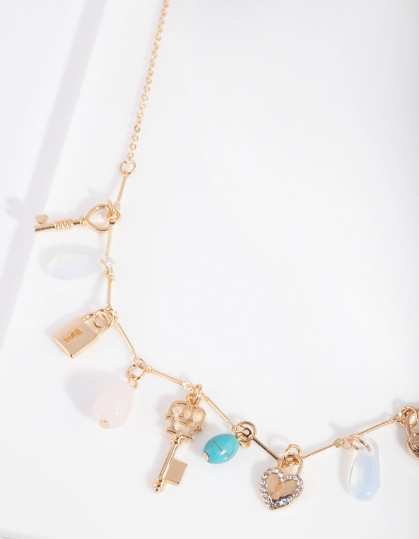 Gold Semi Precious Lock Charm Necklace