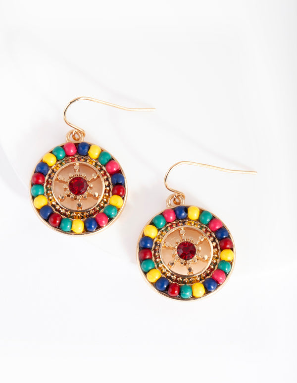 Gold Circle Multicoloured Bead Earrings