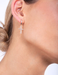 Rose Gold Diamante Cross Huggie Earrings - link has visual effect only