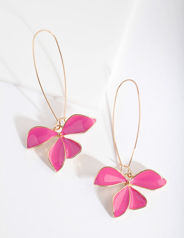 Fuchsia Enamel Flower Fish Hook Earrings