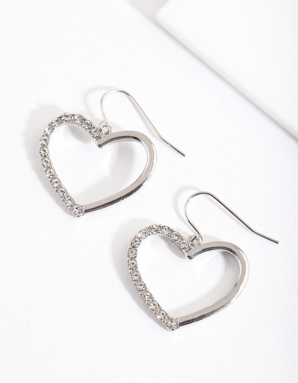 Rhodium Half Diamante Heart Earrings