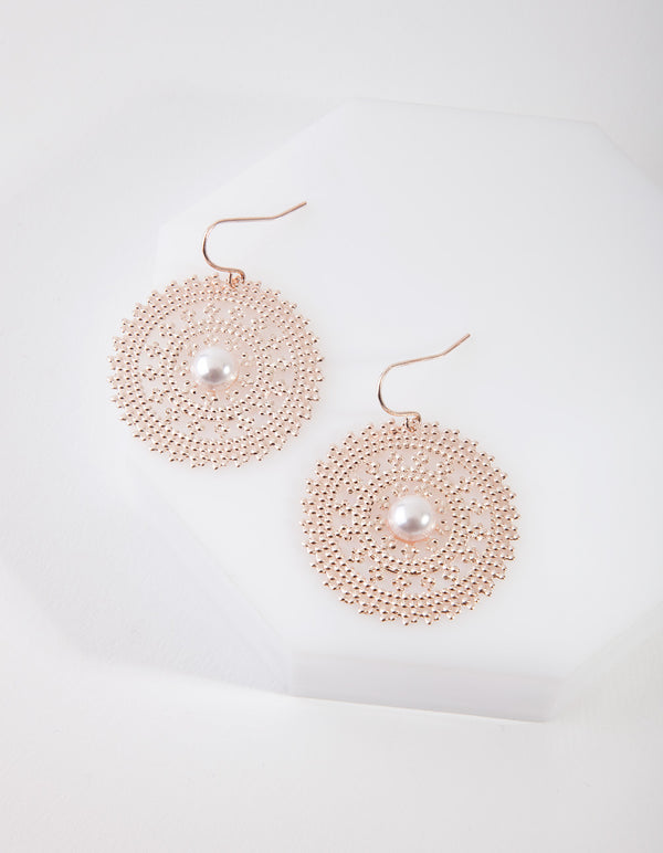 Rose Gold Staple Disc Pearl Drop Earrings