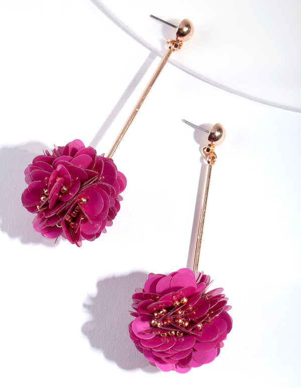 Gold Red Flower Stick Drop Earrings