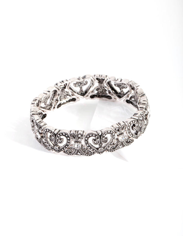 Antique Silver Bohemiam Heart Diamante Stretch Bracelet