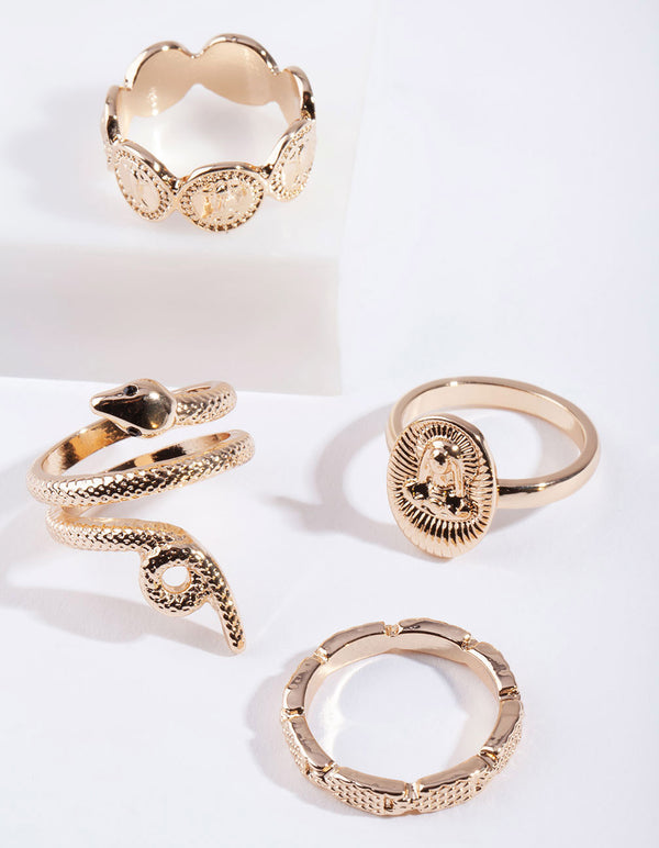 Gold Snake & Disc Ring 4-Pack