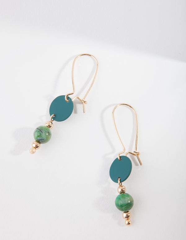 Gold Green Circle Bead Earrings