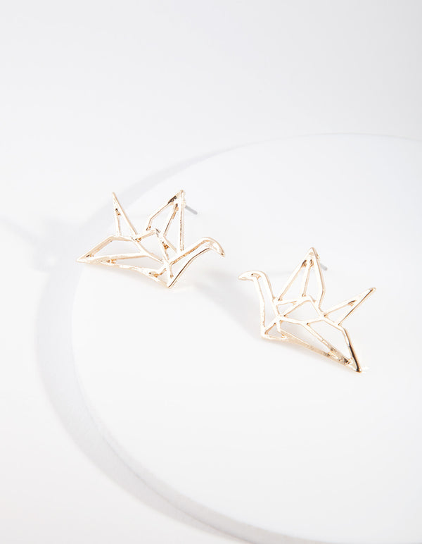 Gold Origami Bird Stud Earrings