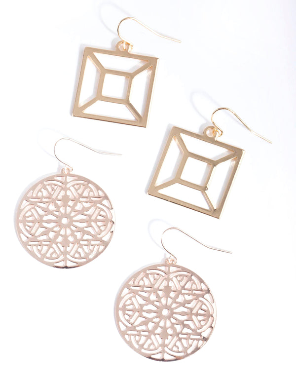 Mixed Metal Square & Filigree Disc Earring Pack