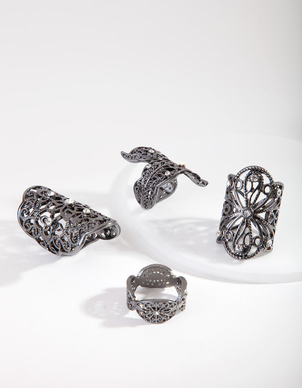 Gunmetal Filigree Statement Ring 4-Pack