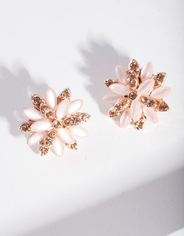 Rose Gold Diamond & Cats Eye Flower Stud Earrings