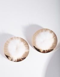 Gold White Pom Pom Disc Stud Earrings - link has visual effect only