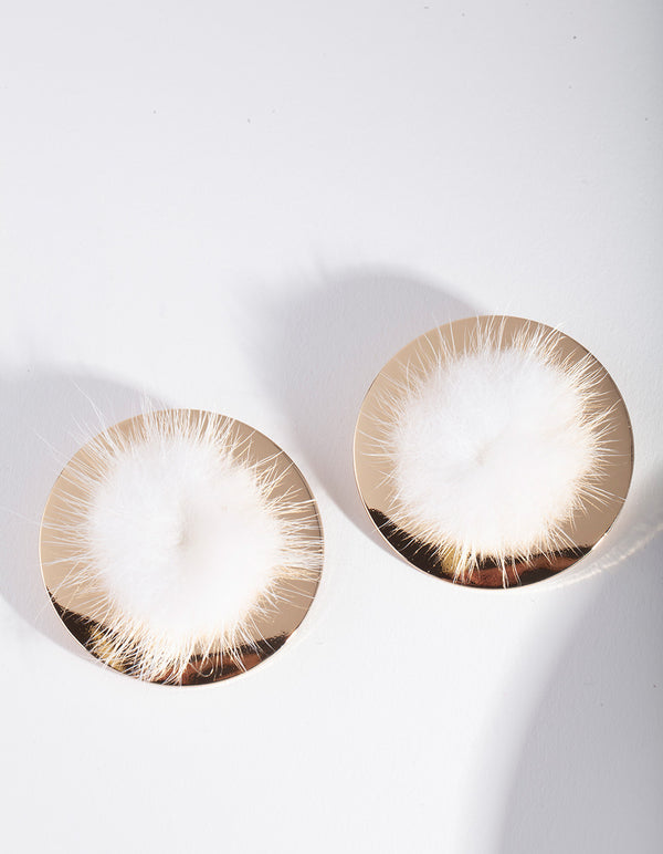 Gold White Pom Pom Disc Stud Earrings