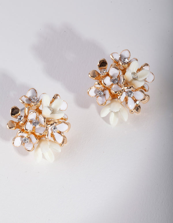 Gold White Flower Bunch Stud Earrings