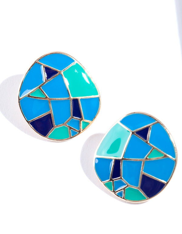 Shiny Gold Geo Pattern Round Stud Earrings