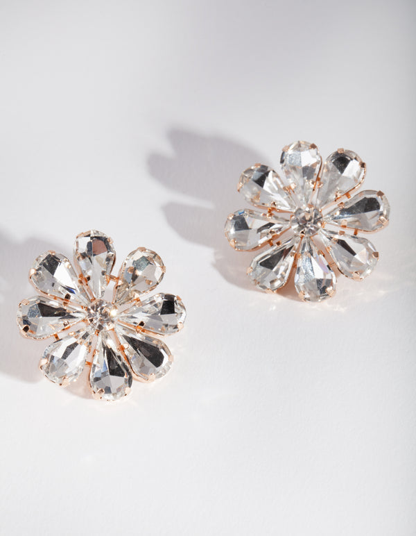 Gold Diamond Large Flower Stud Earrings