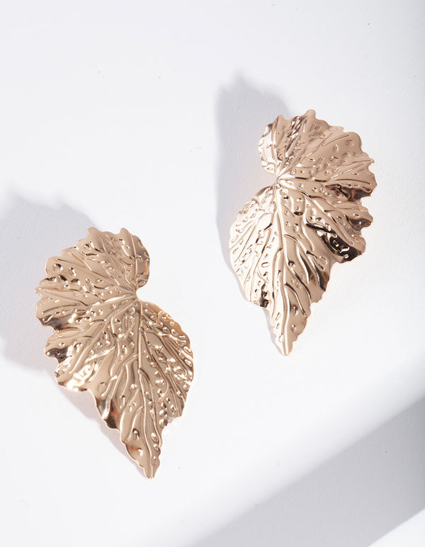 Gold Large Leaf Stud Earrings