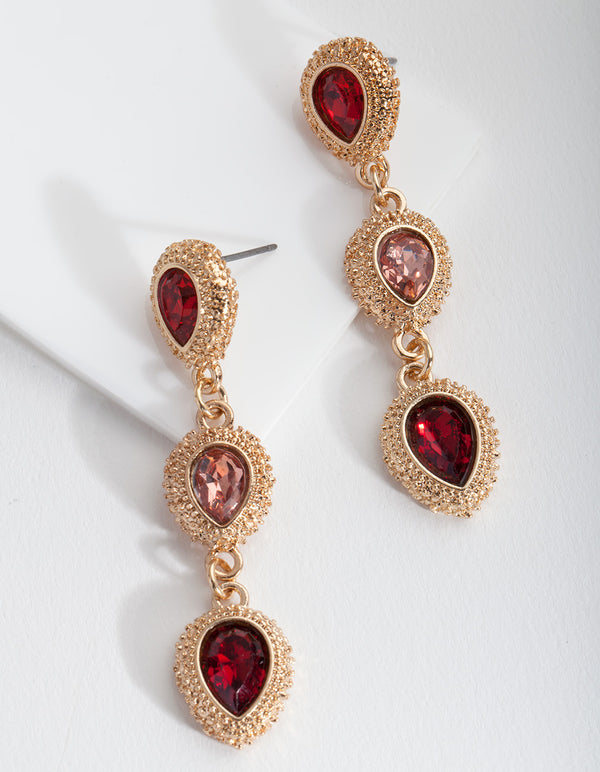 Gold Red Triple Stone Earrings