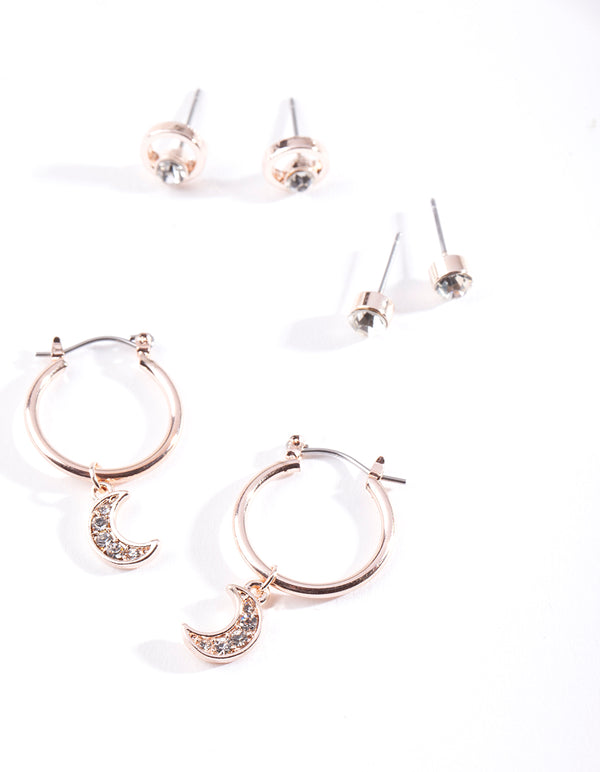 Rose Gold Diamante Moon Earring Pack