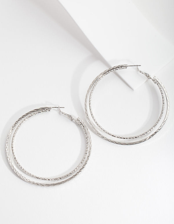 Silver Double Texture Hoop Earrings