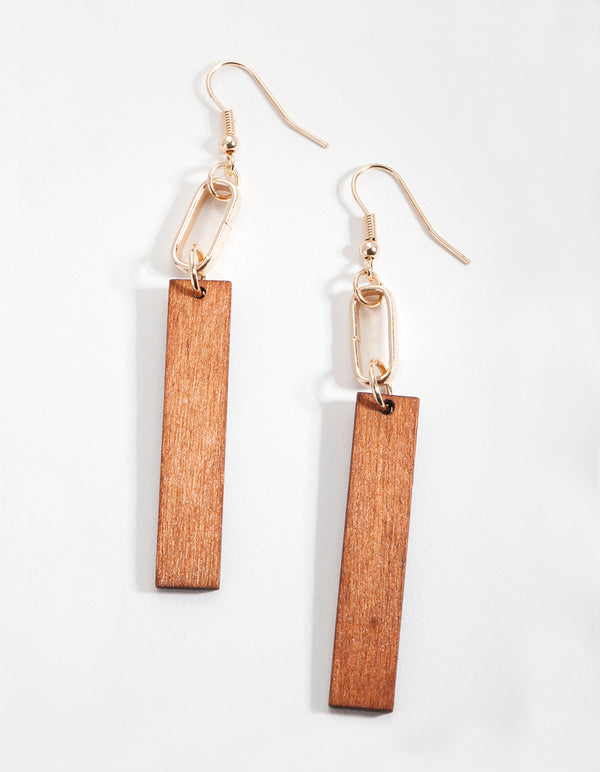 Gold Link Wooden Rectangle Earrings