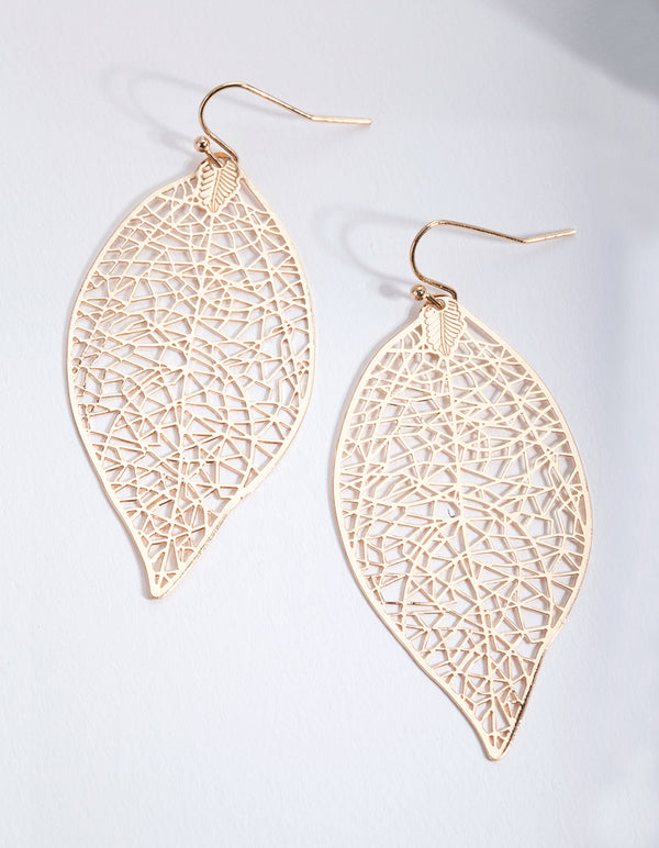 Gold Large Leaf Drop Earrings