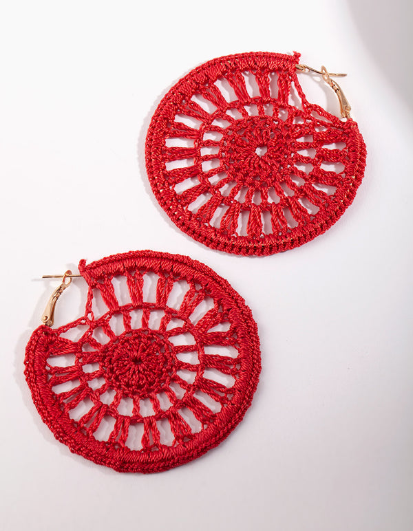 Red Crochet Disc Hoop Earrings