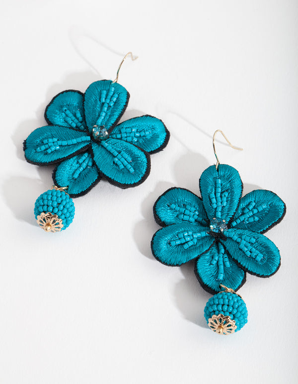 Blue Floral Beaded Earrings