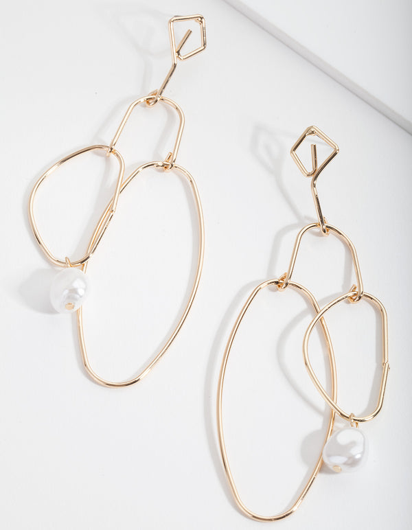 Gold Organic Shape & Pearl Drop Earrings