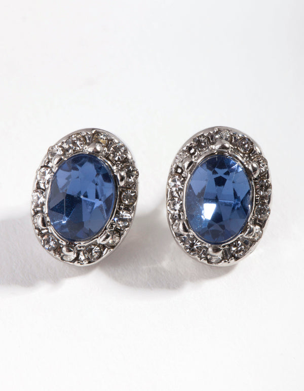 Navy Rhodium Oval Jewel Earrings