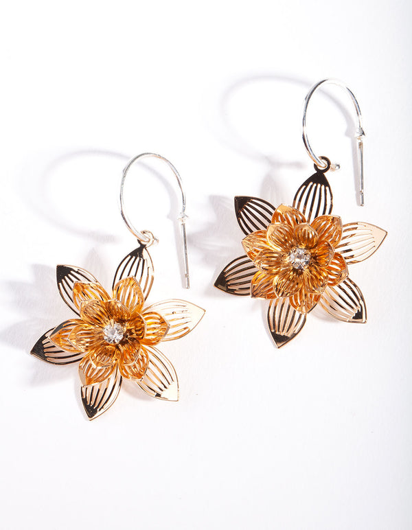 Mixed Metal Floral Detail Drop Earrings