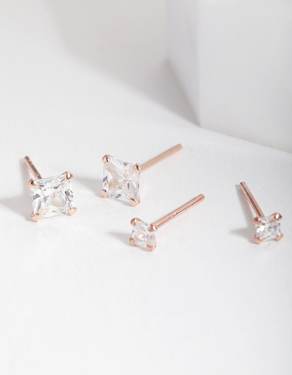 Rose Gold Plated Sterling Silver Cubic Zirconia Stud Earring Pack