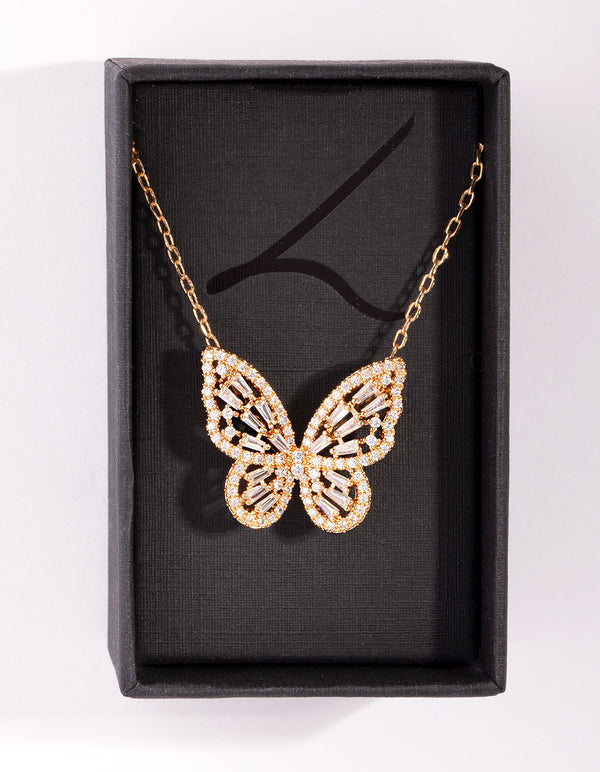 Gold Diamond Simulant Butterfly Necklace