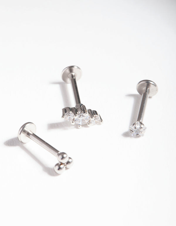 Rhodium Surgical Steel Triple Cluster Flat Back Earring Pack