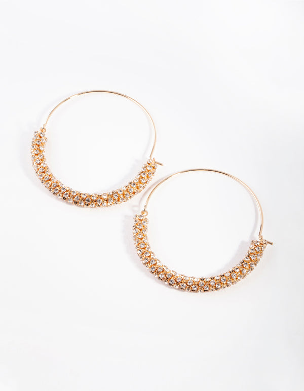 Gold Half Diamante Hoop Earrings