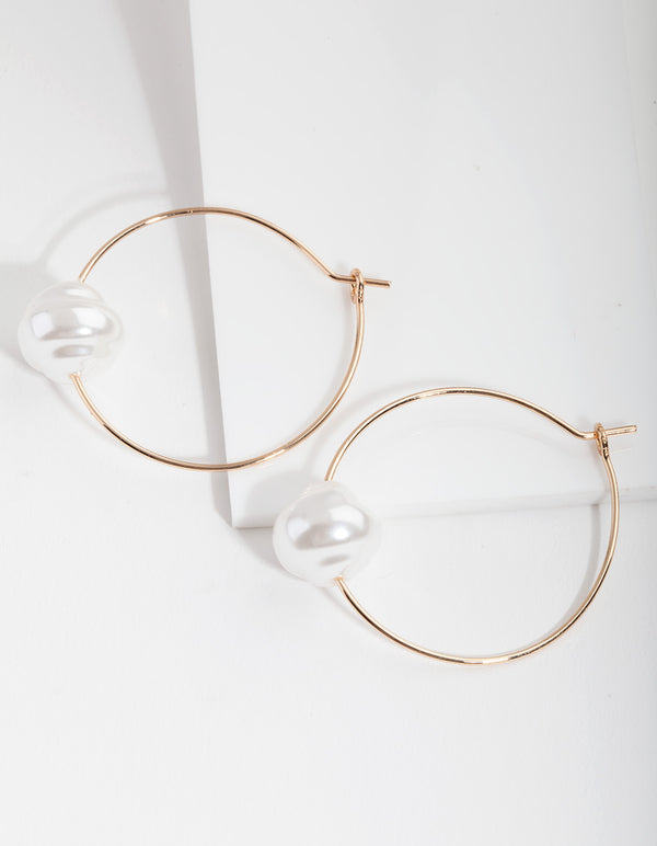 Gold Single Pearl Hoop Earrings